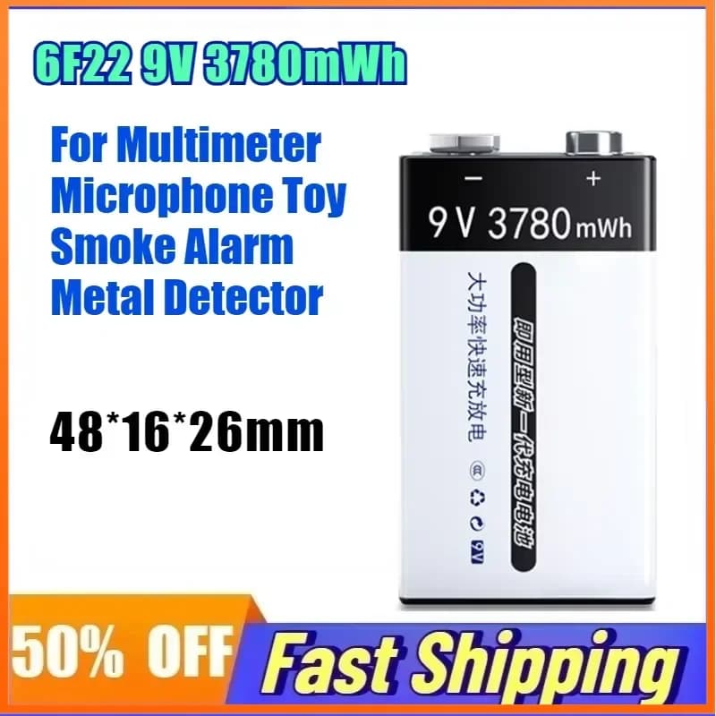 6F22 9V 3780mWh Li-ion Rechargeable Battery USB Type-C Battery for Multimeter Microphone Toy Smoke Alarm Metal Detector