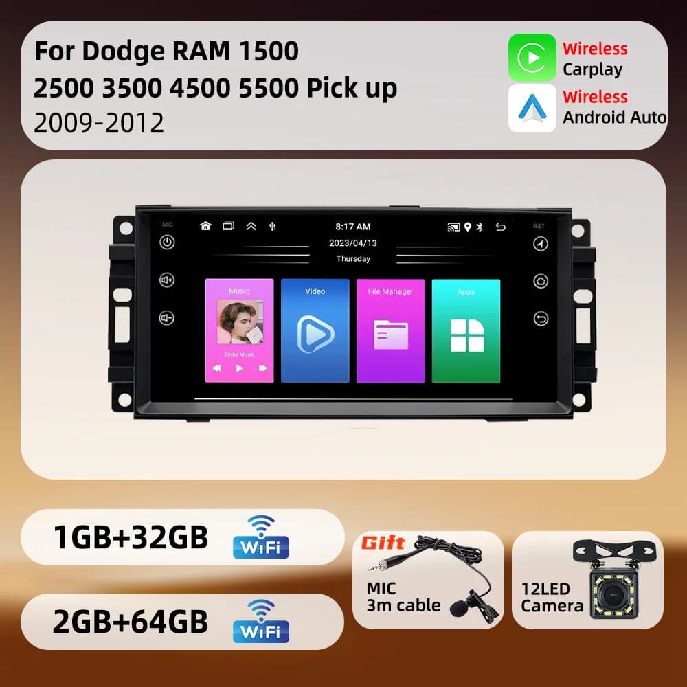 1 Din Android Car Multimedia Carplay Radio Stereo Head Unit 7" Screen for Dodge RAM 1500 2500 3500 4500 5500 Pick Up 2009-2012