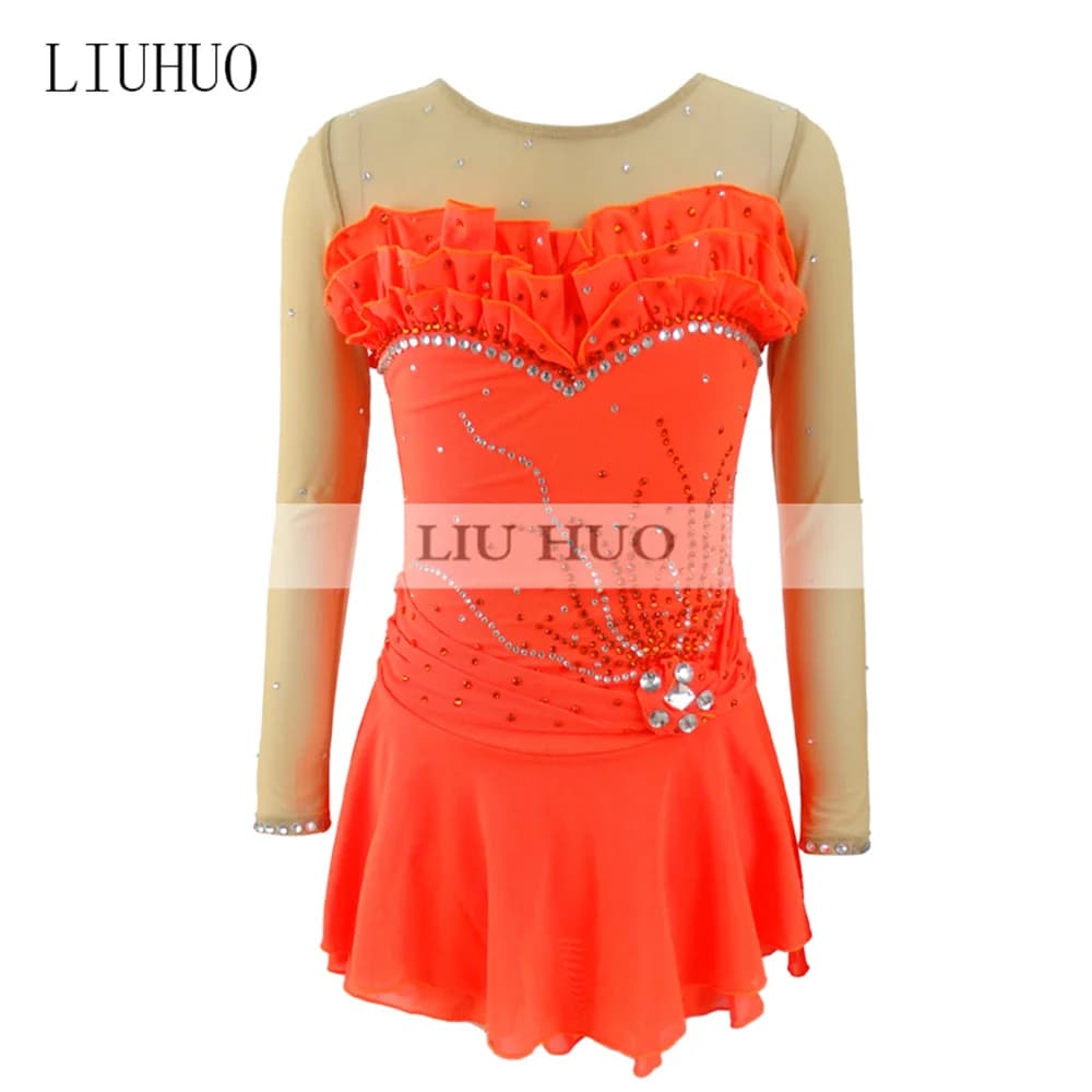 LIUHUO Vestito da Pattinaggio di Figura per Bambini e Adolescenti Vestito da Competizione per Prestazioni sul Ghiaccio per Ragazze da Donna Body Costume Artistico Danza Arancione