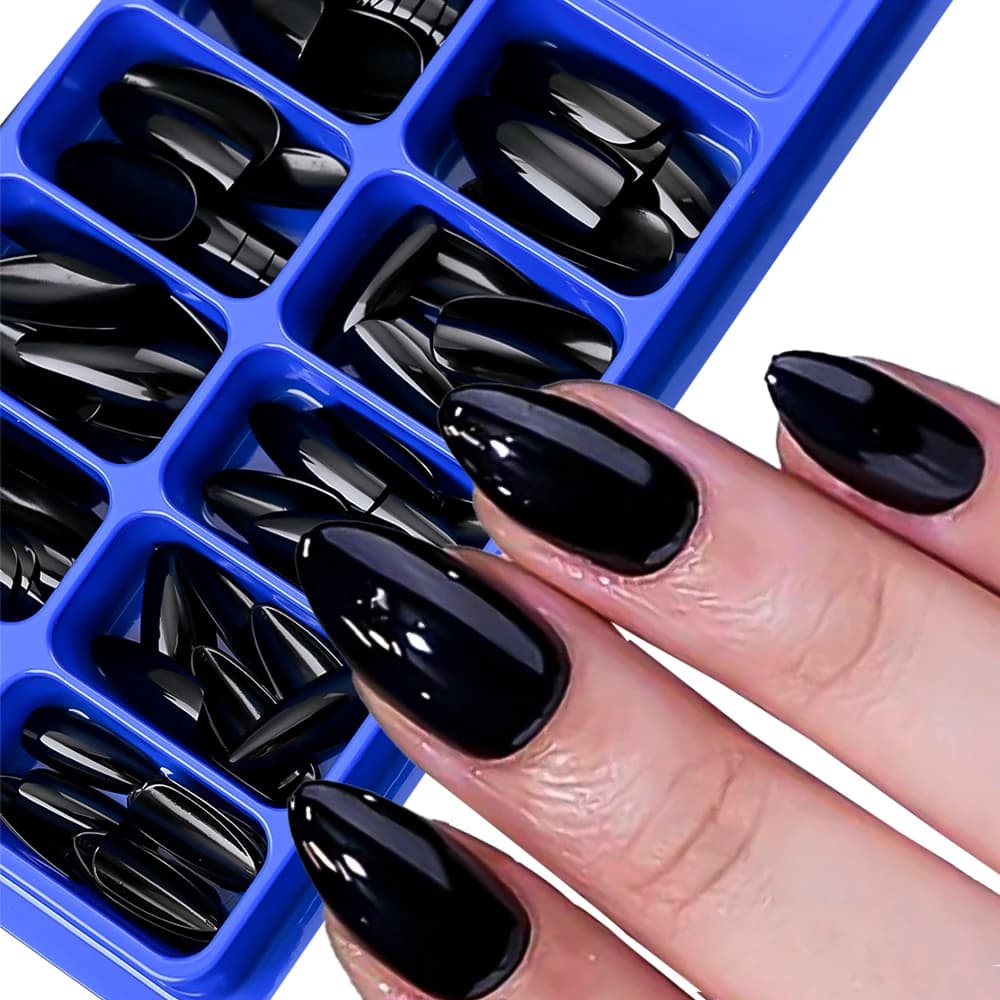 100 Fine Nails at Media Mandorla Length, Pure Black Nails Opache, Artificial Nail Tips, Extensions for Fin Nails