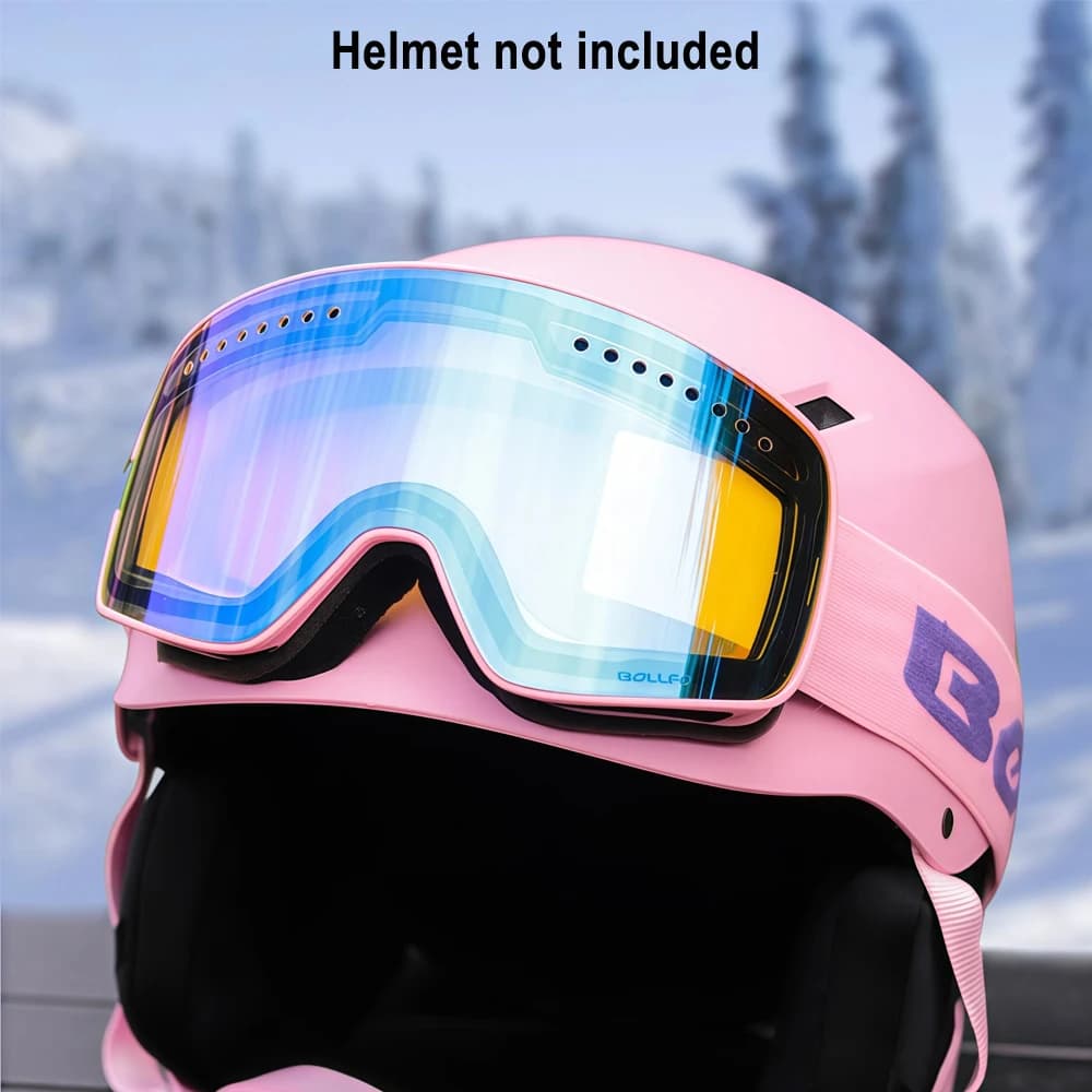 BOLLFO Magnetic Ski Goggles UV400 Double Anti Fog Large Cylindrical HD Vision OTG Full REVO Coating Adult Snowboard Equipment