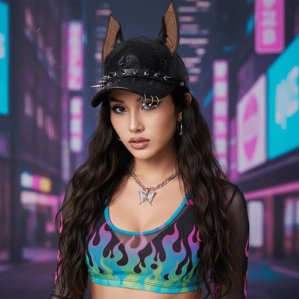 Fashion Punk Doberman Dog Ears Baseball Caps Adjustable PU Sunshade Hip Hop Hats y2k Spice Girl Leather Rivet Hats For Man Women