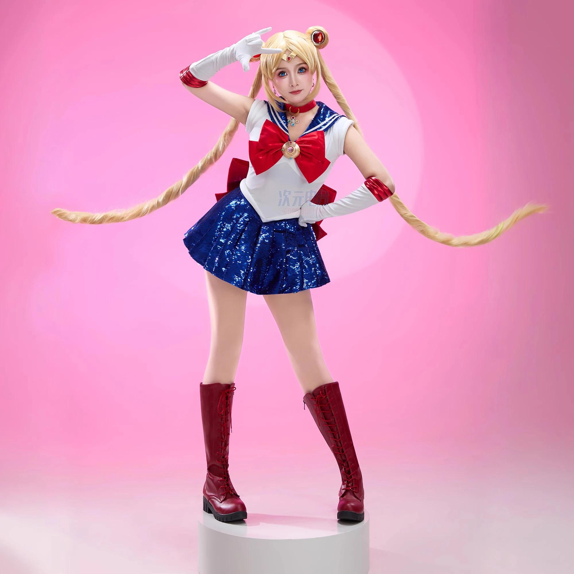 Nuovo Anime Tsukino Usagi Costume Cosplay Donna Carino Abito con paillettes Guanti Orecchini Copricapo Vestito Abiti da festa di carnevale di Halloween