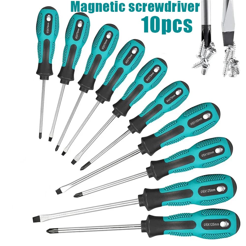 10-piece multi-functional Phillips and flathead magnetic screwdriver set, for home and vehicle installation and repair.