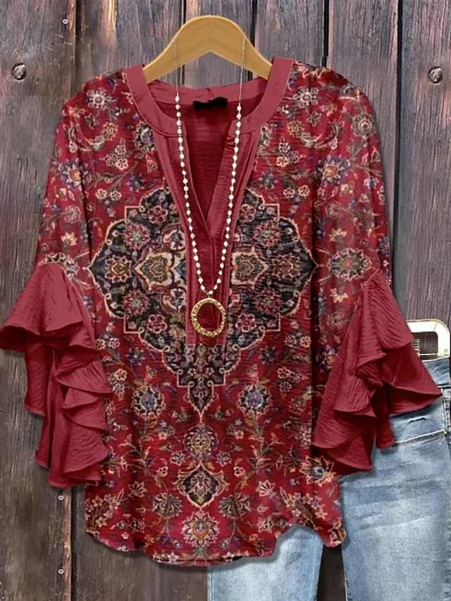 Elegante camicetta da donna con maniche a volant e stampa, in tessuto leggero e morbido, alla moda per l'ufficio e per tutti i giorni