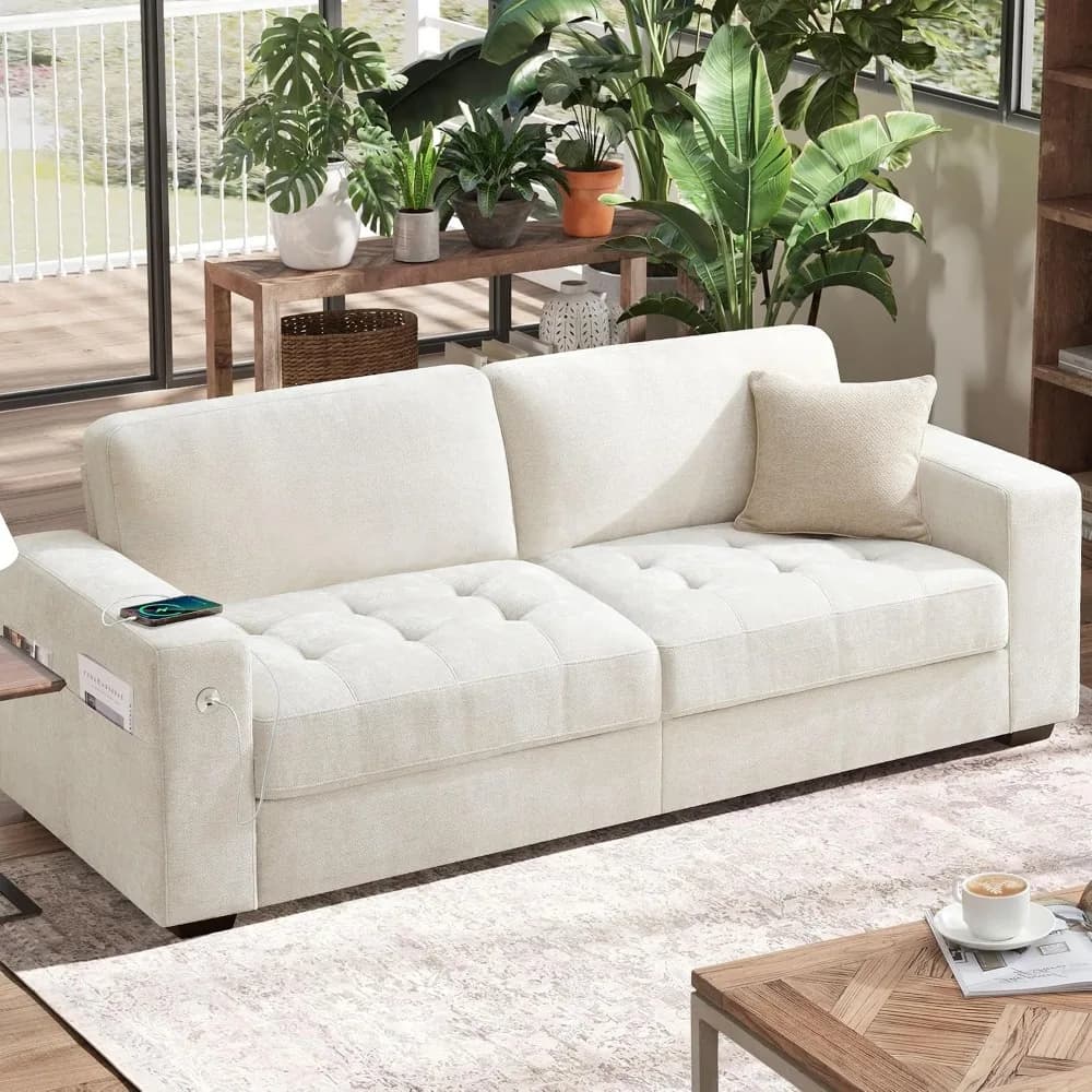 89" Comfy Sofa for Small Living Rooms: Medium Cushion, Removable Cover, Wide Armrests, USB/Type-C Ports, Chenille Fabric