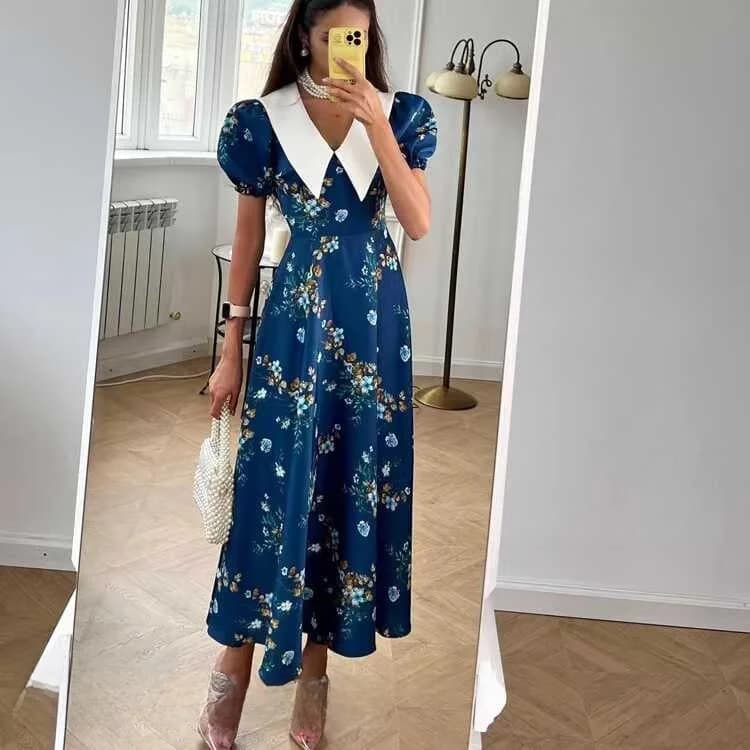 Abito Lungo Floreale Slimming con Colletto a Bambola, Maniche Corte, Stile Francese, Vita Alta, Maniche a Bolla, Gonna a Trapezio, Chiusura con Cerniera