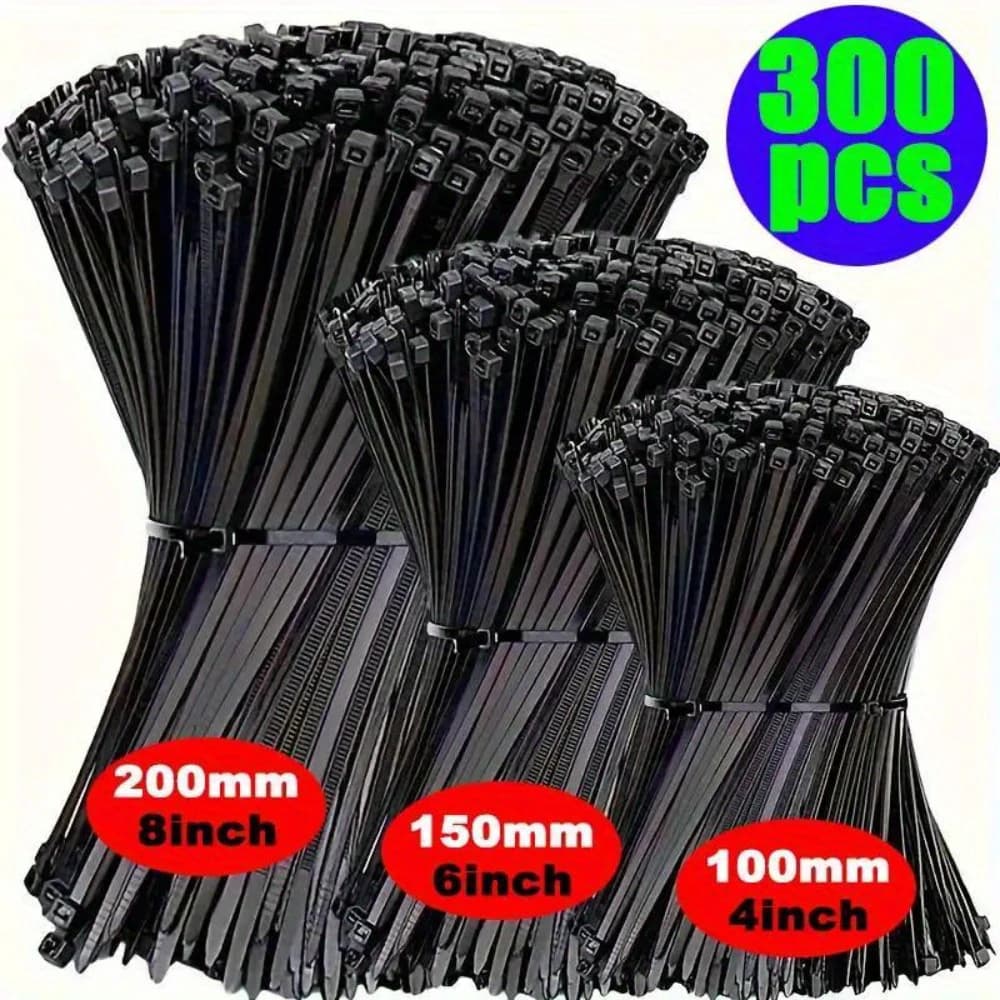 Fascette per cavi in nylon nero da 300 pezzi (4/6/8 pollici) con autobloccanti regolabili, resistenti ai raggi UV, impermeabili per uso esterno e domestico