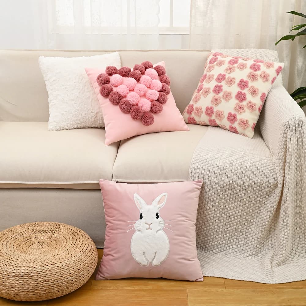 BUYNOW Federa per cuscino con coniglio ricamato Federa per cuscino coccoloso in peluche di velluto Cuscino per tappezzeria per divano Comoda federa decorativa