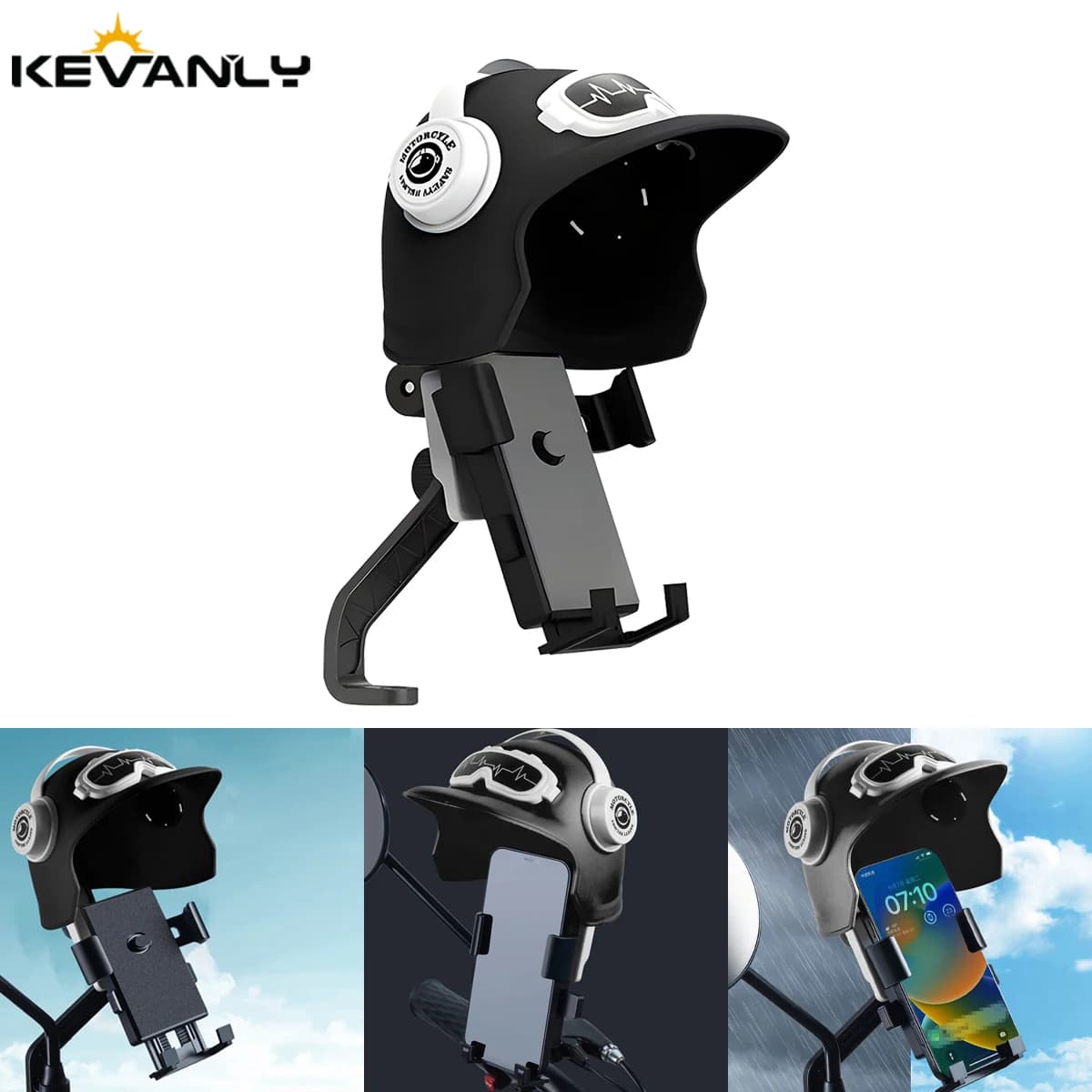 Supporto per telefono da moto a forma di casco, simpatico, con visiera parasole e base antipioggia per manubrio/specchietto, per navigazione cellulare