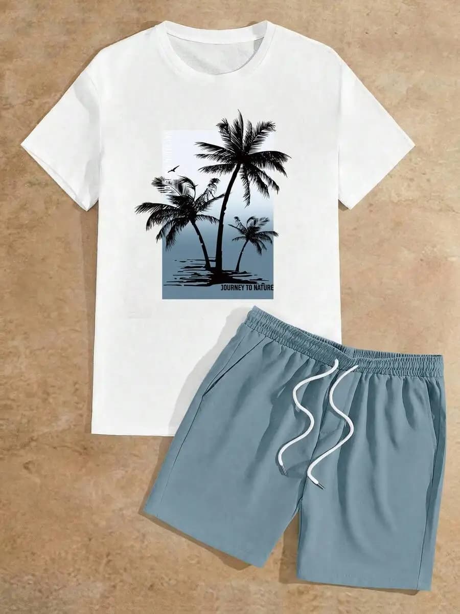 Manfinity VCAY Men Tropical Print Tee & Drawstring Waist Shorts, Vacation, Cozy Outfits, Father's Day Gifts, Football