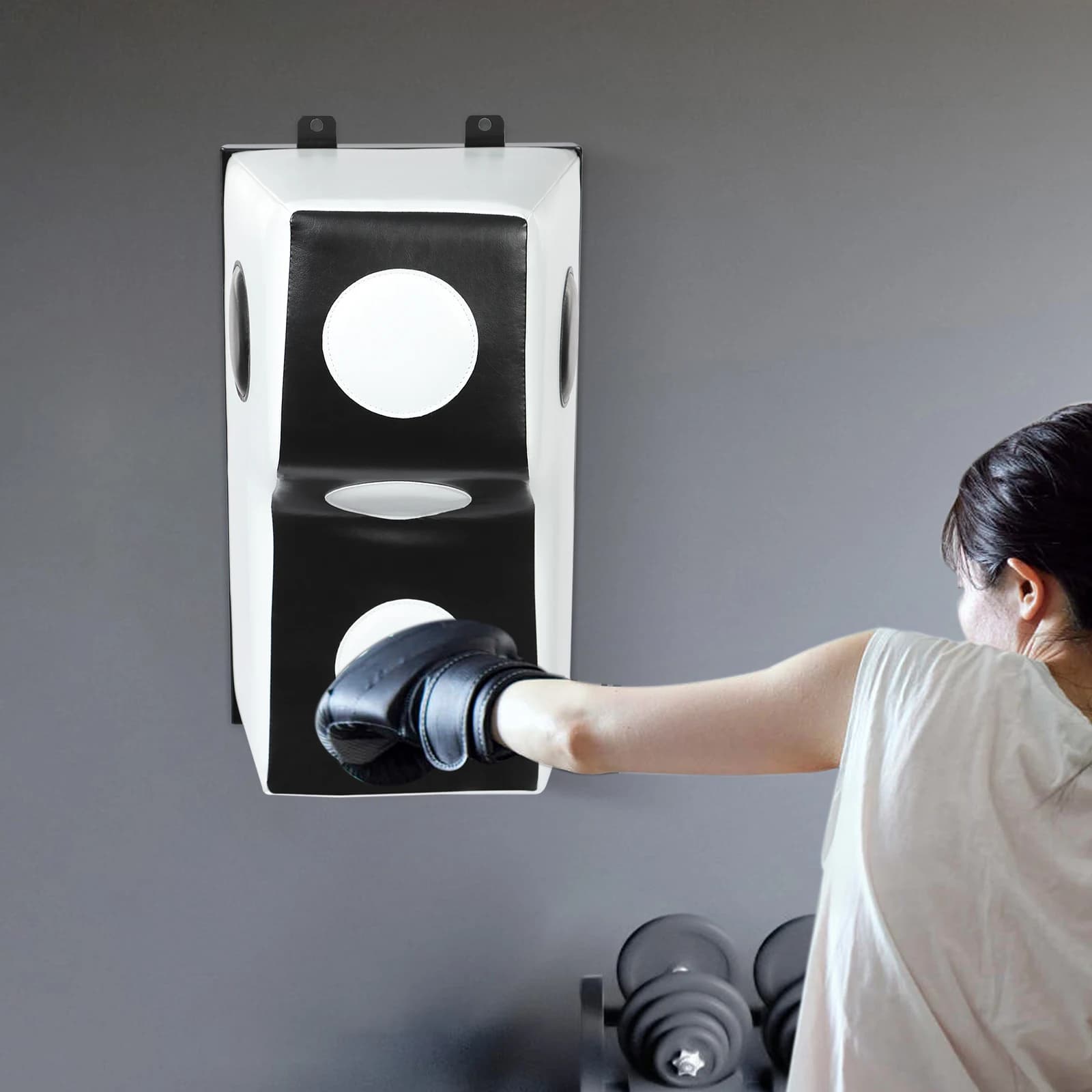White-black wall boxing bag - Spacious boxing training equipment for hooks and mixtures, compact design