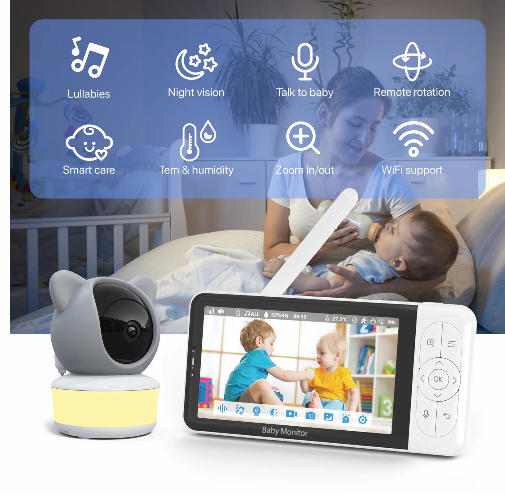 Baby Monitor TUYA con Visione Notturna, Rilevamento Temperatura e Movimento, Allarme Sonoro, Audio Wireless Wi-Fi, Schermo da 5 Pollici 1080P