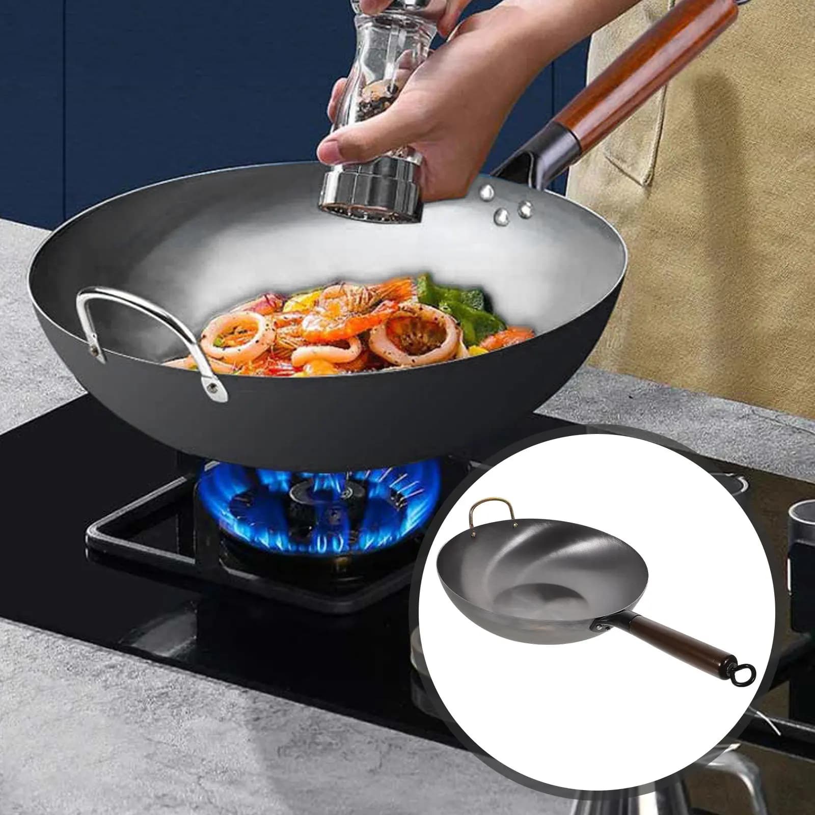 Padella Wok in Ferro Premium con Manico in Legno Naturale, Fondo Piatto Resistente per Cucina a Gas, Uso Interno ed Esterno, Campeggio