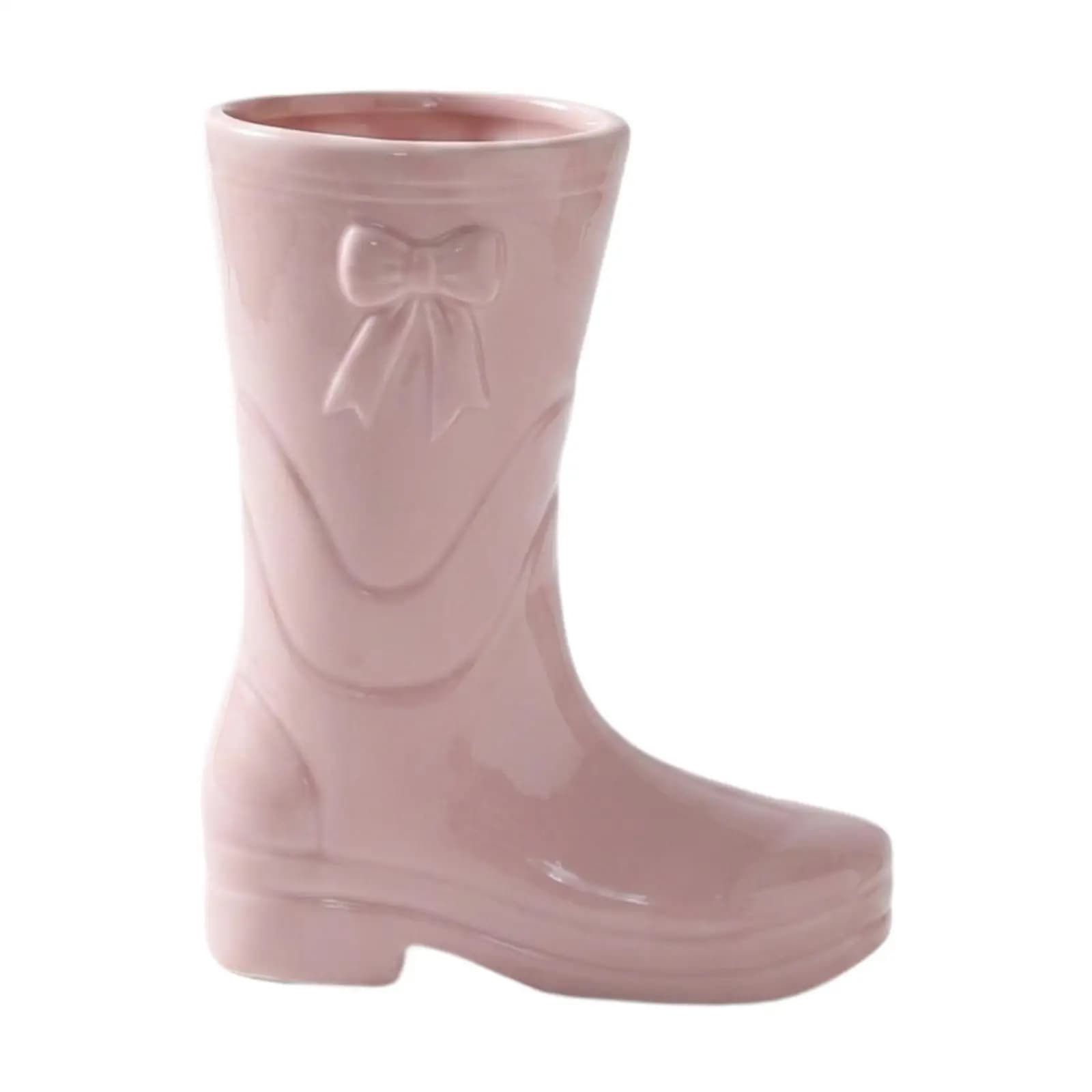 Decorative Ceramic Flower Vase with Bowknot Boot Shape for Living Room Office Table Home Centerpiece