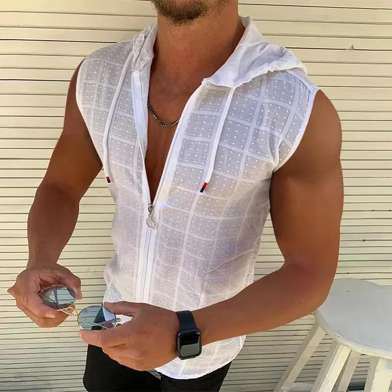 T-shirt con cerniera con cappuccio a maniche corte in cotone estivo moda uomo Plaid senza maniche gilet sportivo abbigliamento da spiaggia per la protezione solare da uomo