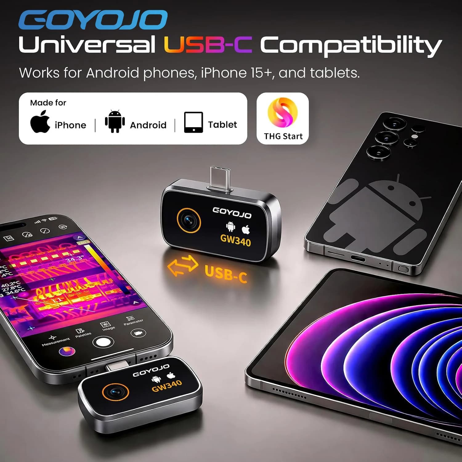 GOYOJO Thermal Camera for iPhone/Android/Tablet 512x384 Super IR Resolution GW340/GW192A Thermal Imager iOS 17/16/15 Series & iPads USB-C Port 256x192 IR Resolution Home Inspection, HVAC, Automotive -4°F~752°F