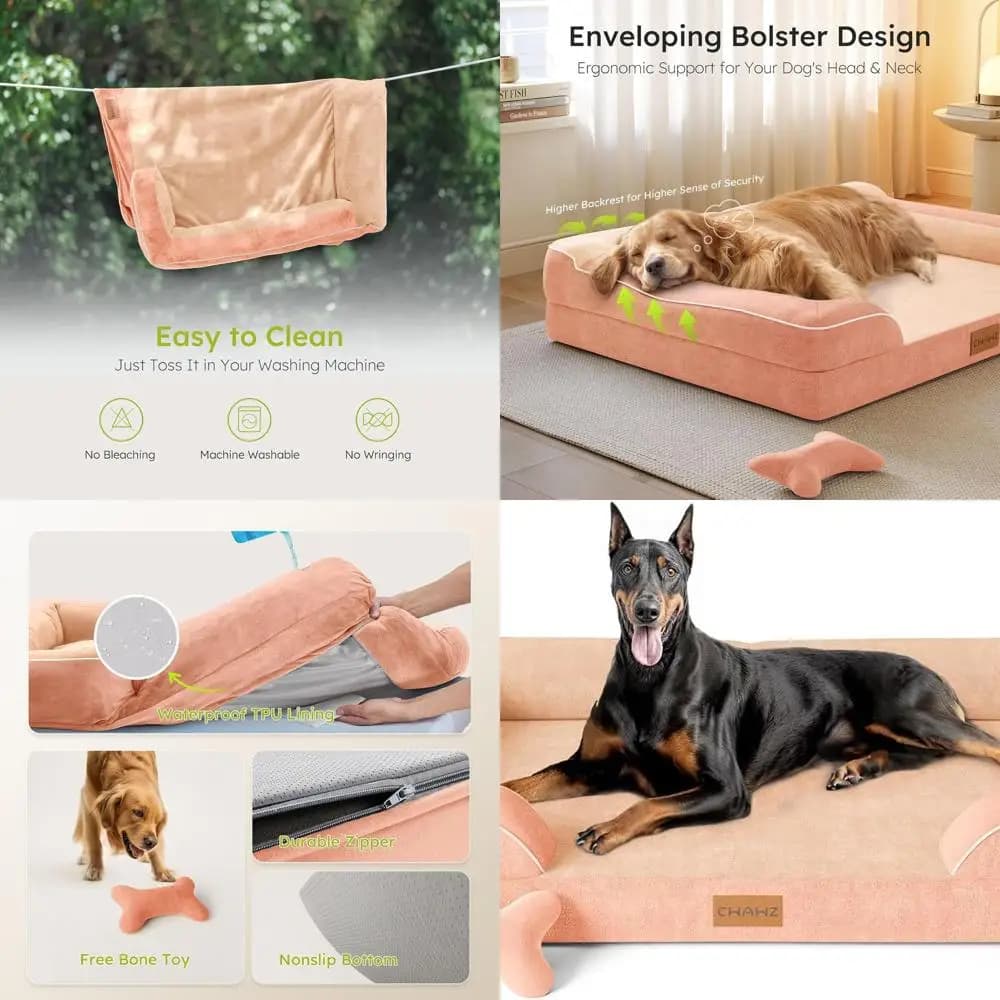 Letto per cani ortopedico extra large con schiuma gel rinfrescante, copertura impermeabile e rimovibile, 53 divani letto in velluto olandese con giocattolo osseo, Peac