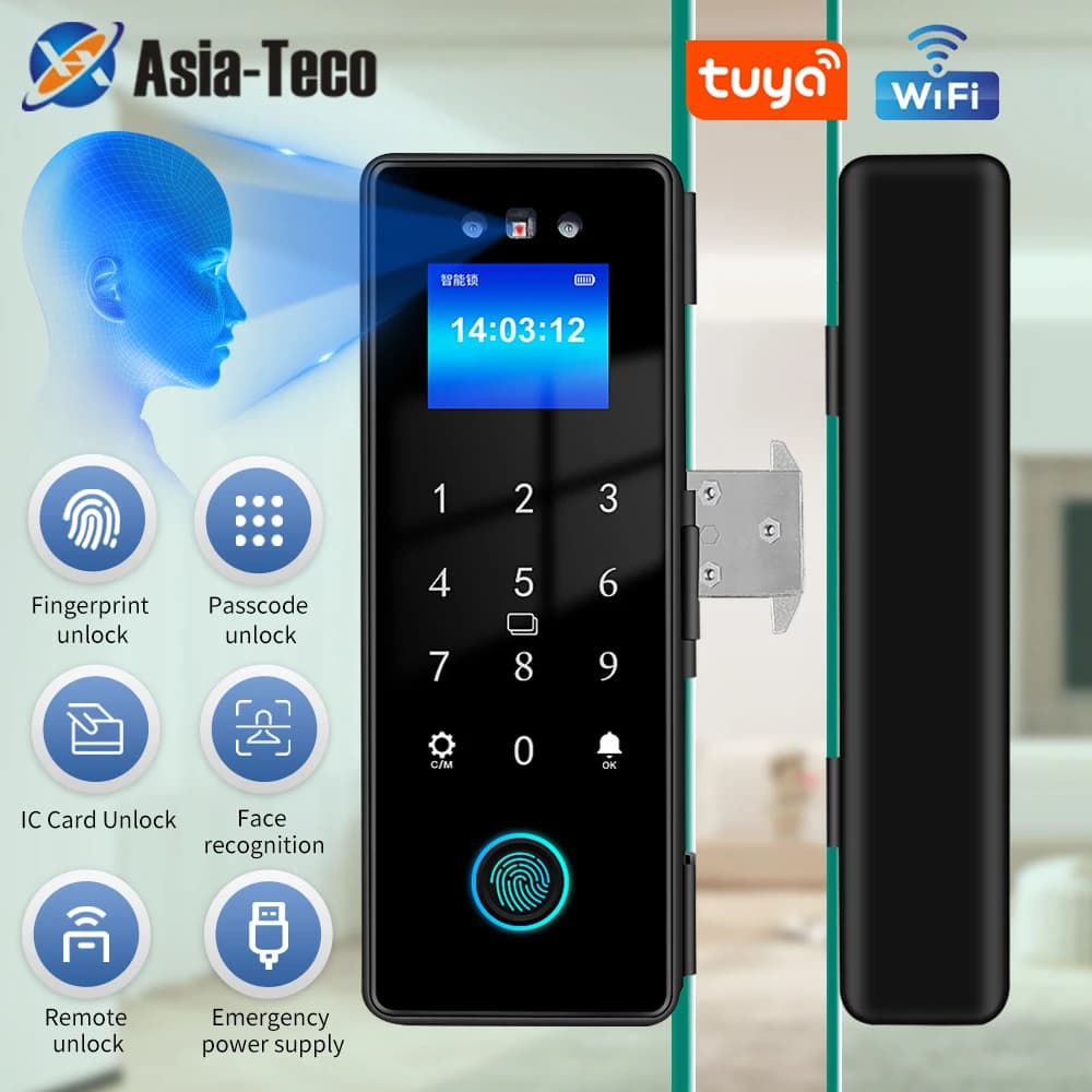 Wifi Smart Face Recognition Porta in vetro per impronte digitali Rfid Password Codice Blocco per porta scorrevole in vetro con telaio senza telaio Sblocco remoto
