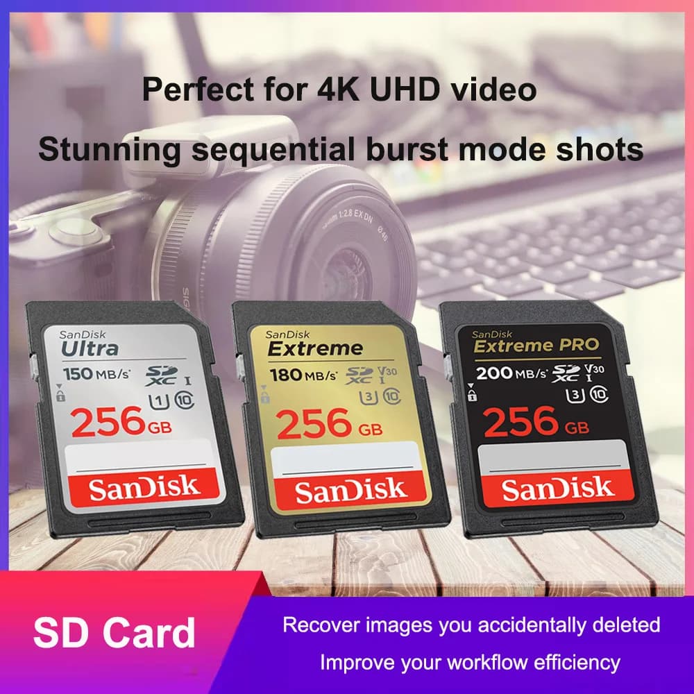 Scheda SD SanDisk 32GB SDHC 64GB 128GB 256G SDXC Scheda SD C10 Schede di memoria Fino a 200MB/s Leggi schede Flash U3 V30 4K UHD per fotocamera