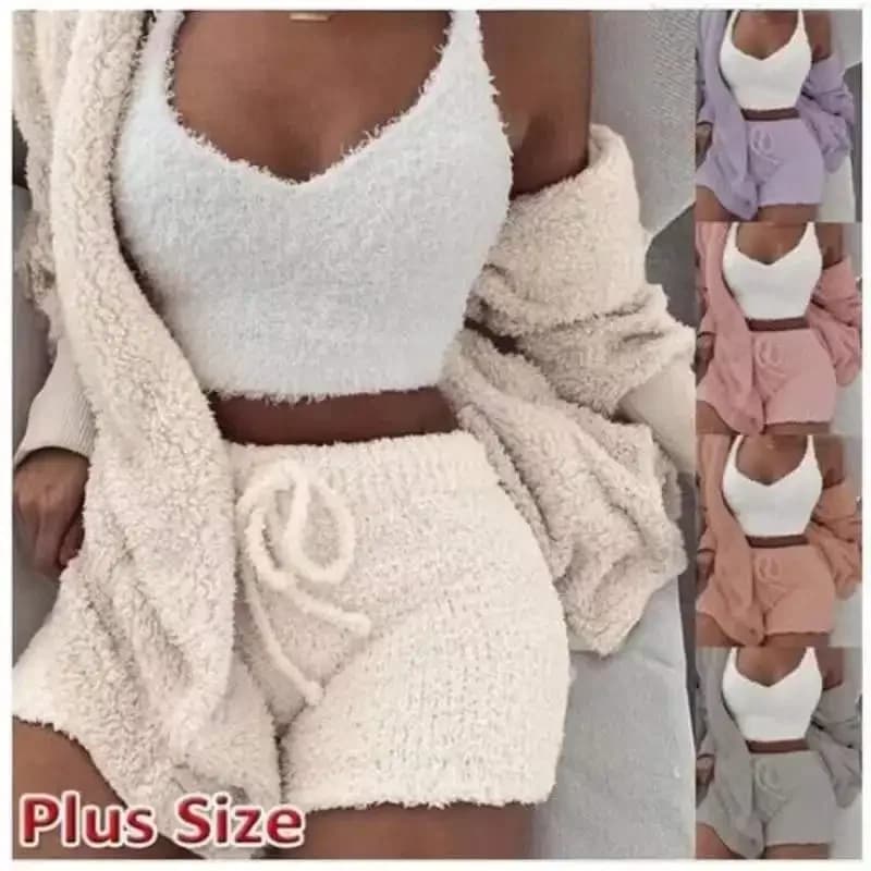 Autumn Winter 3 Pieces Fluffy Outfits plush Sexy Backless Fleece pyjamas woman Casual Sports sweatshirt Home Wear set suit