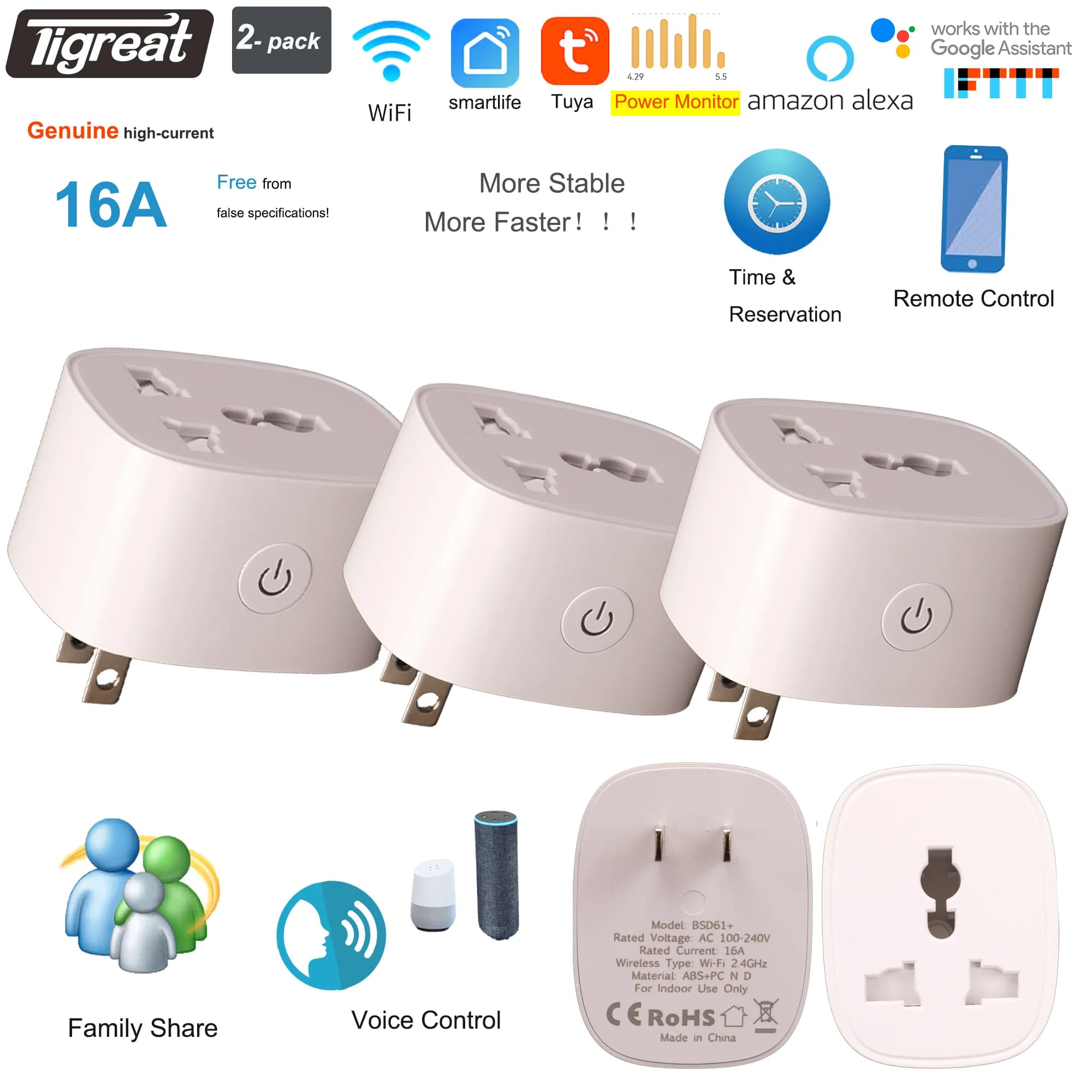 Tigreat Smart Plug WiFi universale, 16A-WiFi-Timer/Voce/Telecomando-Tuya/SmartLife/Alexa/Ifttt/Toma domotica Google