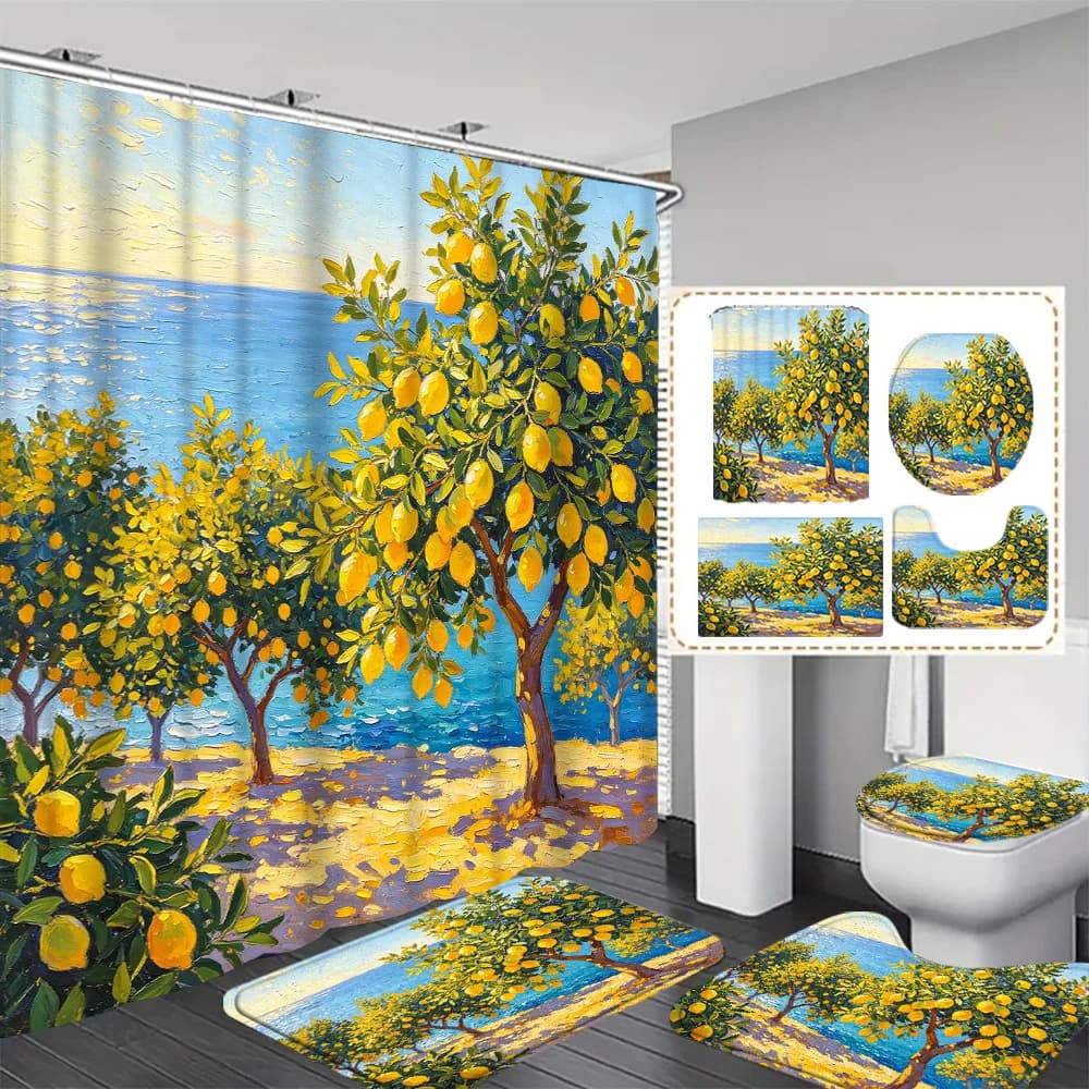 Bright Lemon Tree Shower Curtain Liner Waterproof Polyester Home Decor Citrus Orchard Print Mediterranean Bathroom Accent Curtai