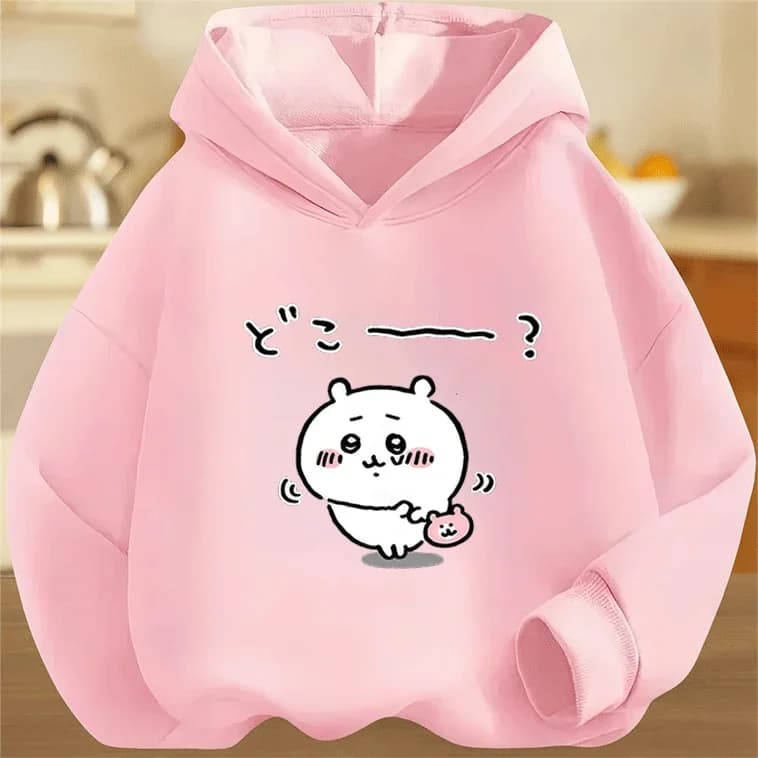 Felpa con Cappuccio in Cotone con Stampa Cartoon Chiikawa alla Moda per Bambini 2-14 Anni, Autunno Inverno