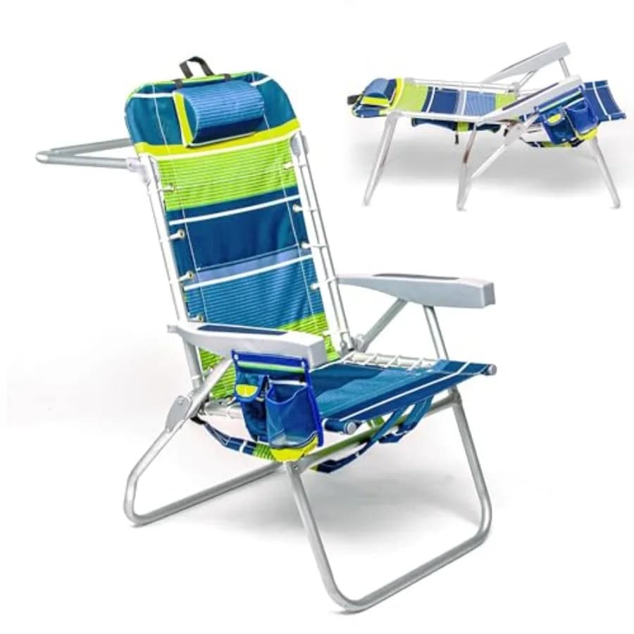 Sedia da spiaggia per uso esterno, struttura in alluminio, colore lime, si piega compattamente con 5 posizioni reclinabili, portasciugamani, tasca termica.