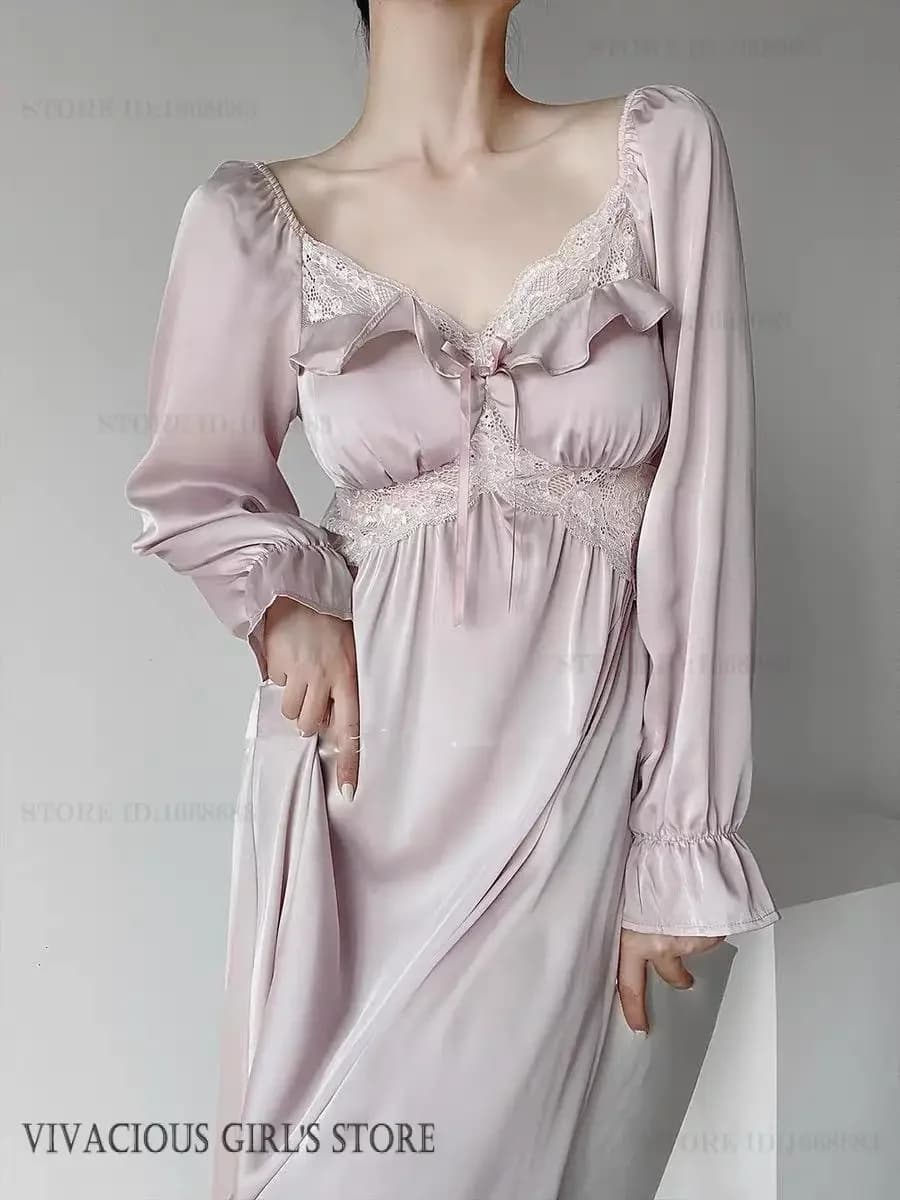 Female Long Sleepdress Elegant Ice Silk Long Sleeve Nightgown Loungewear Sexy Patchwork Lace Nightdress Bathrobe Loose Homewear