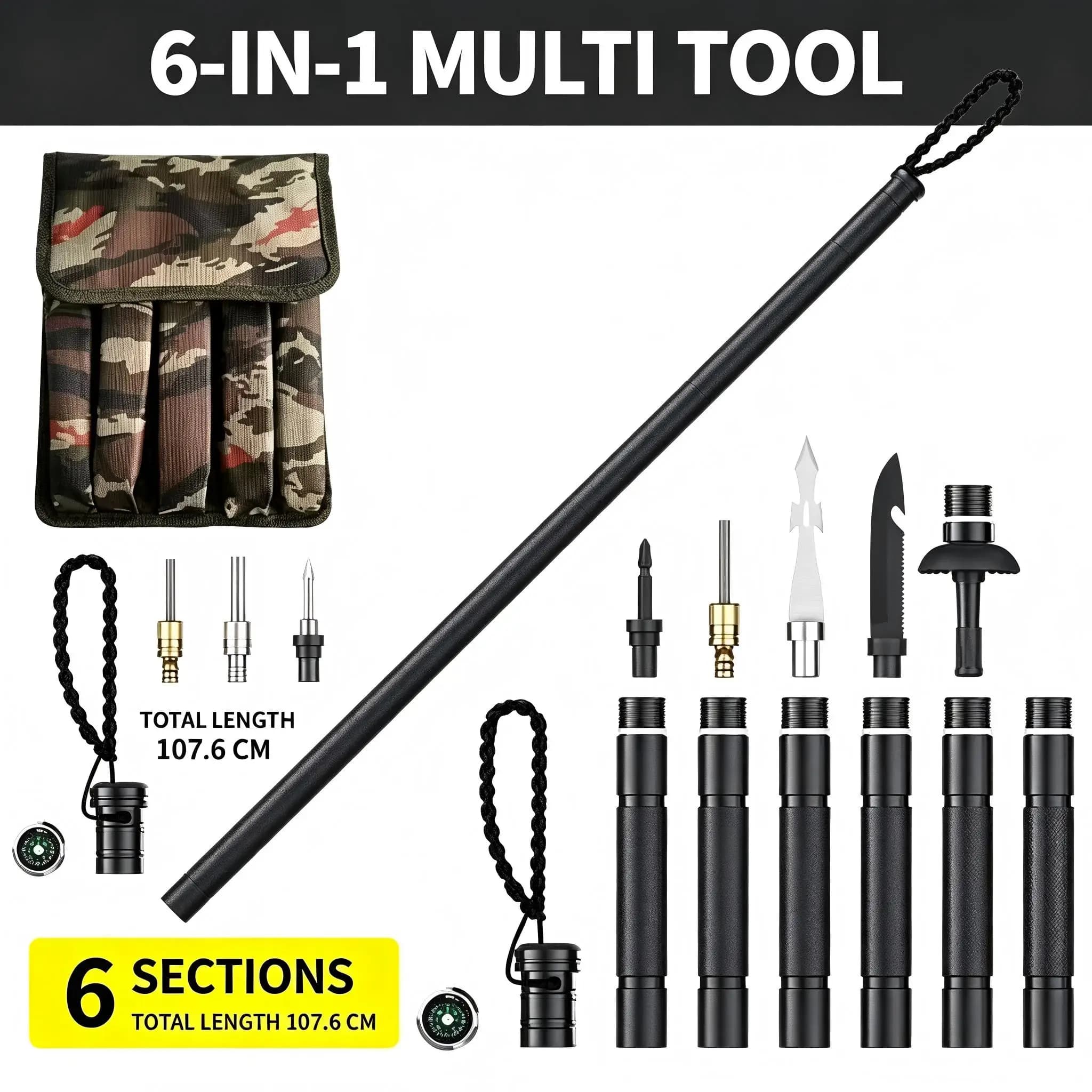 Multifunctional Tactical Trekking Pole Outdoor Survival Walking Stick 6-Section Detachable Hiking Staff Multi-Tool Kit with Compass Fire Starter Heavy Duty Anti-Slip Alpenstock for Camping Backpacking Gear