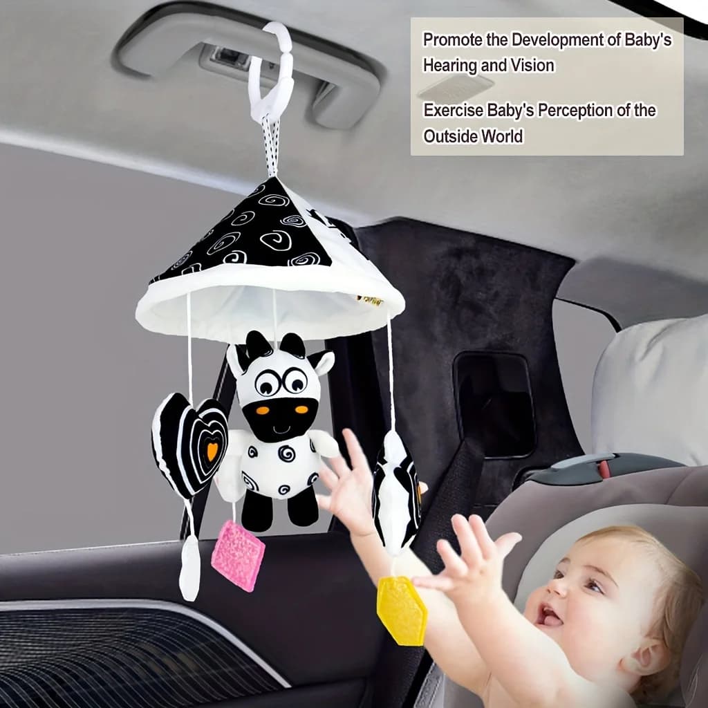 Ciondolo Sonaglino per Passeggino e Seggiolino Auto con Design Morbido a Forma di Mucca, Giocattolo Sicuro per lo Sviluppo Sensoriale dei Neonati, Costruzione in Tessuto Morbido