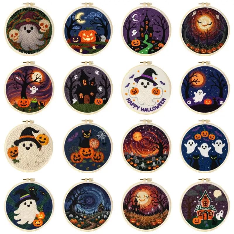 Halloween Theme Punch Needle Embroidery Kit with Hoop Easy DIY Wall Art Craft for Beginners Diy Magic Perfect Gifts 20x20cm