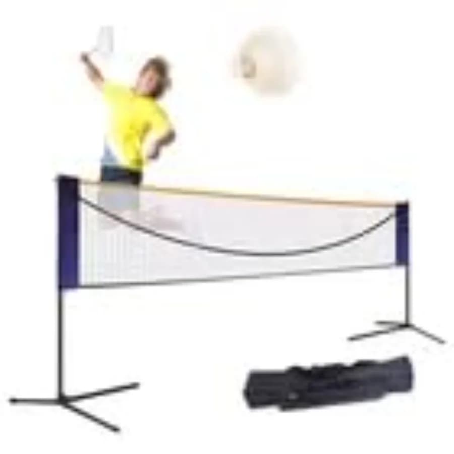 Set di rete da pallavolo per esterni, per giardino, spiaggia o uso all'aperto; rete in poliestere nera; altezza regolabile con pali in fibra di vetro inclusi.