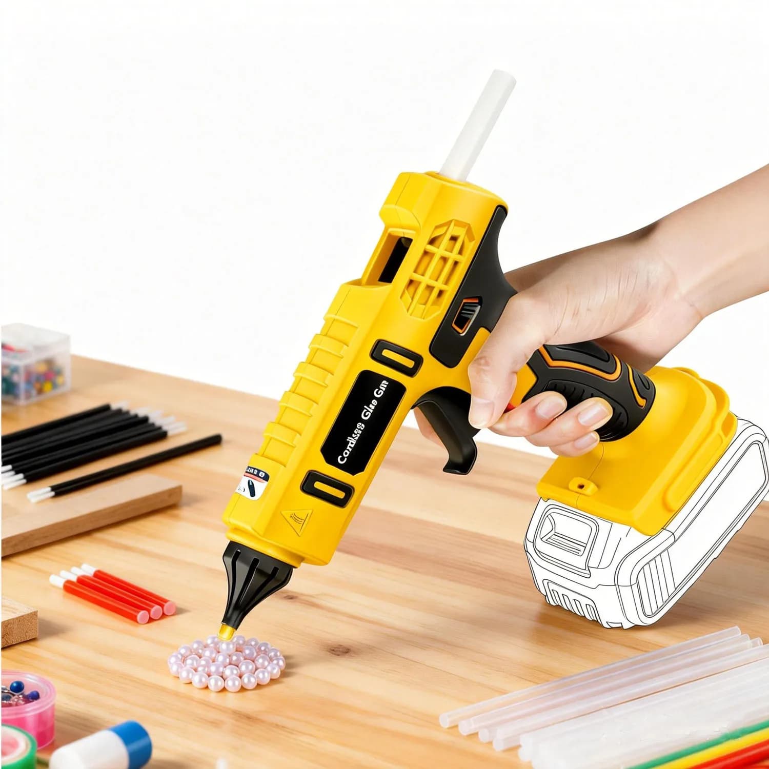 Pistola per Colla a Caldo Senza Fili 100W per Batteria DeWalt 20V (Batteria Non Inclusa) e 12 x Stick di Silicone 11mm, Riscaldamento Rapido, Pistola Wireless Formato Completo