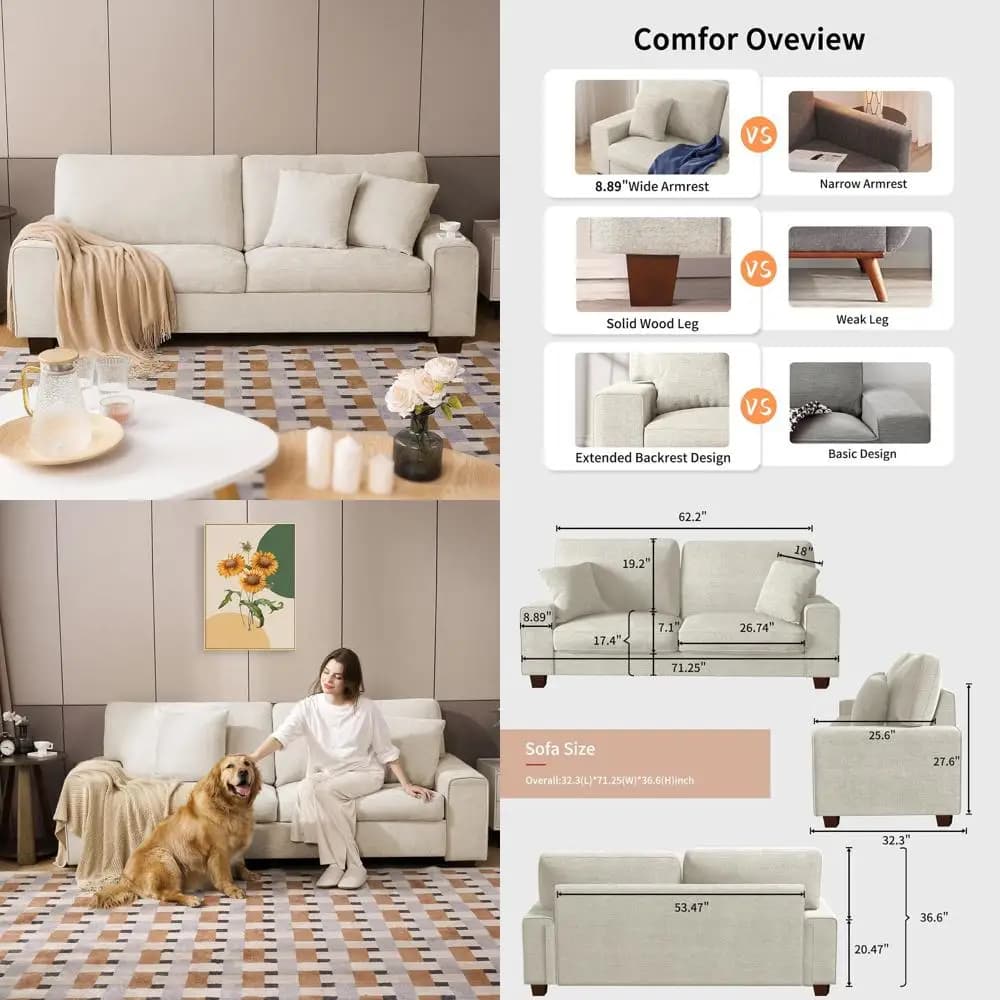 Divano reclinabile beige in ciniglia con rivestimento sfoderabile, cuscini a molla, struttura in legno massello, facile da montare per piccoli spazi abitativi (71.
