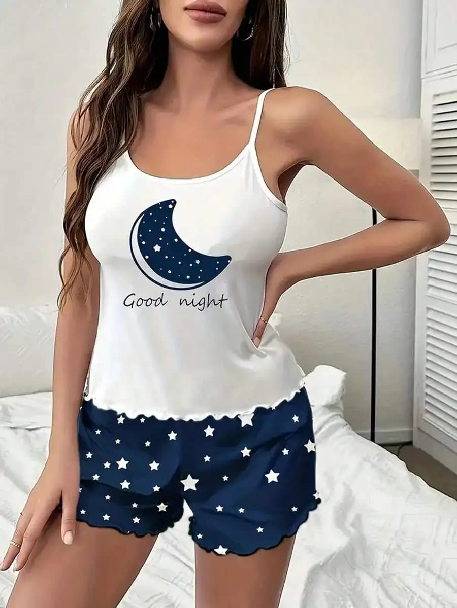Womens 2-Piece Pajama Set Moon Star Print Camisole Backless Ruffle Shorts Sleepwear