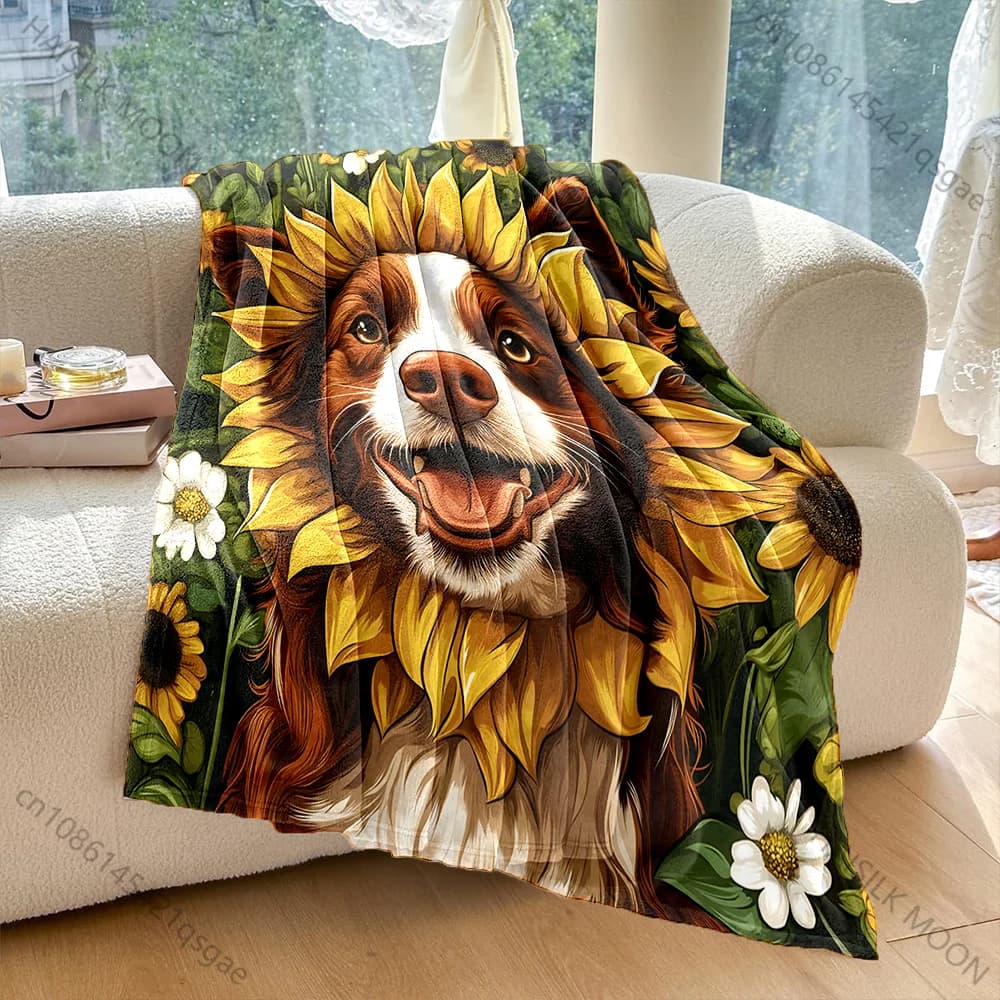 Border Collie Coperta con stampa creativa girasole Materiale in flanella Morbido caldo per tutte le stagioni Divano domestico Picnic da campeggio all'aperto