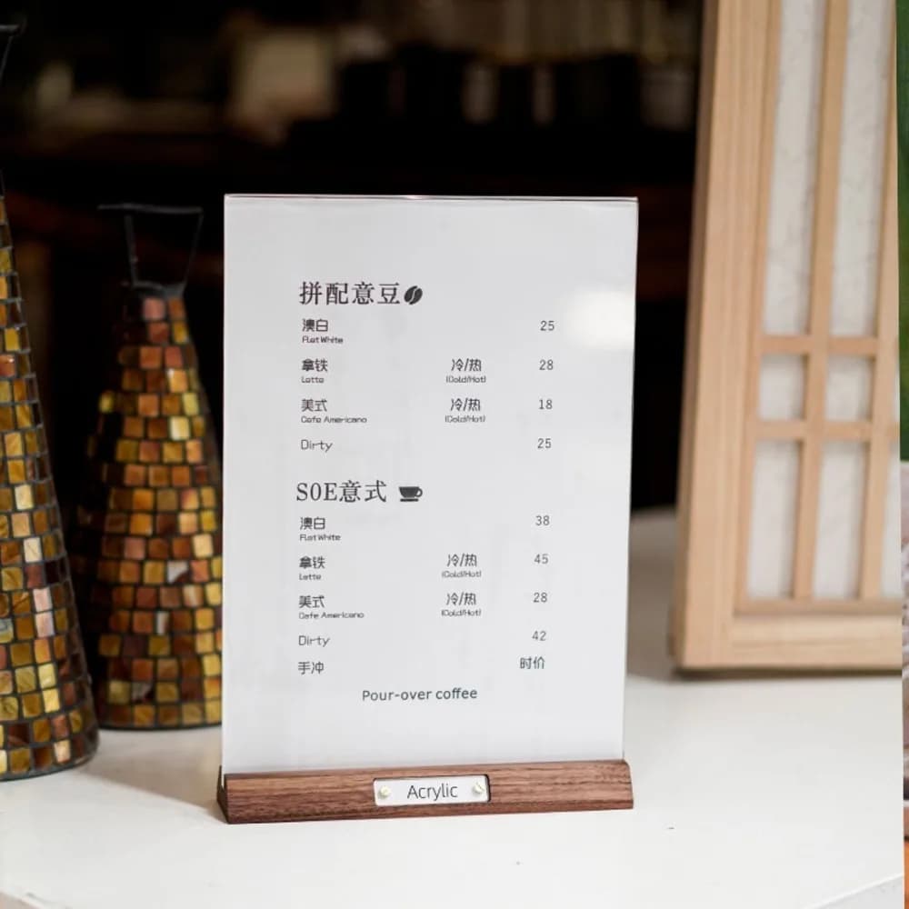 Espositore per cartello in acrilico in legno massello A5, numero da tavolo/carta da nome/porta carta per menu, etichetta del prezzo/telaio per poster