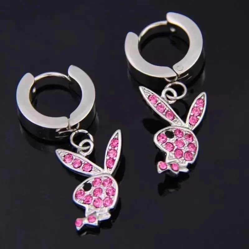 Orecchini pendenti con coniglio con strass rosa personalizzati per le donne Lady Cartoon Orecchini a cerchio cavi carini in lega Gioielli causali per feste