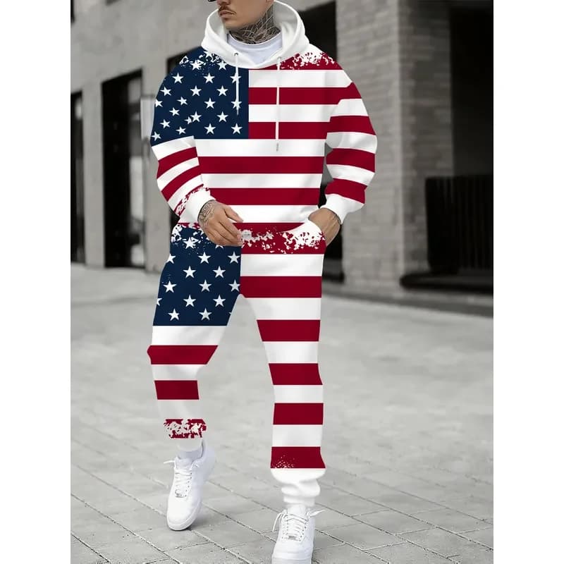 Men's 3D American Flag Printed Hoodie and Sweatpants Set 2026 Patriotic Tracksuit Comfortable Fit Fashion Sportswear Spring