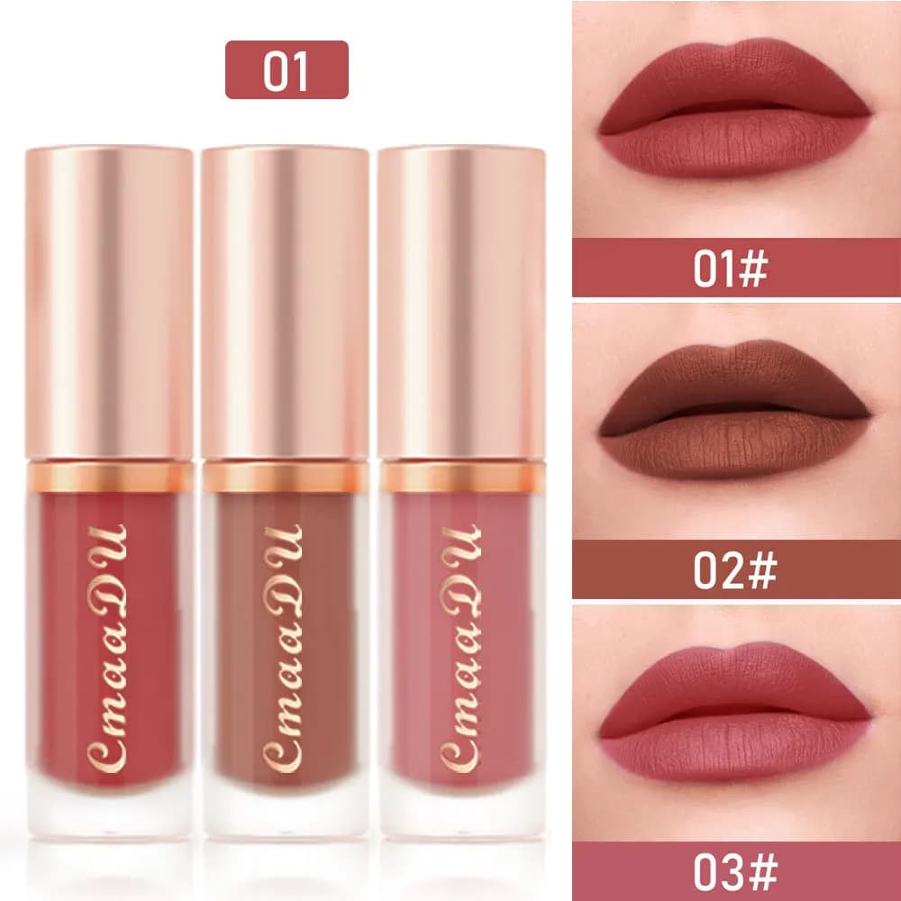 Pack of 3 opaque lip gloss, waterproof liquid lipstick, velvet matt gloss lip, durable and without make-up for beginners to use