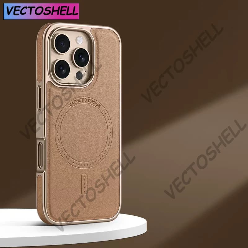 Custodia in pelle con cornice morbida placcatura aziendale di lusso per iPhone 16 13 14 15 Pro Max Custodia antiurto con carica wireless magnetica Magsafe