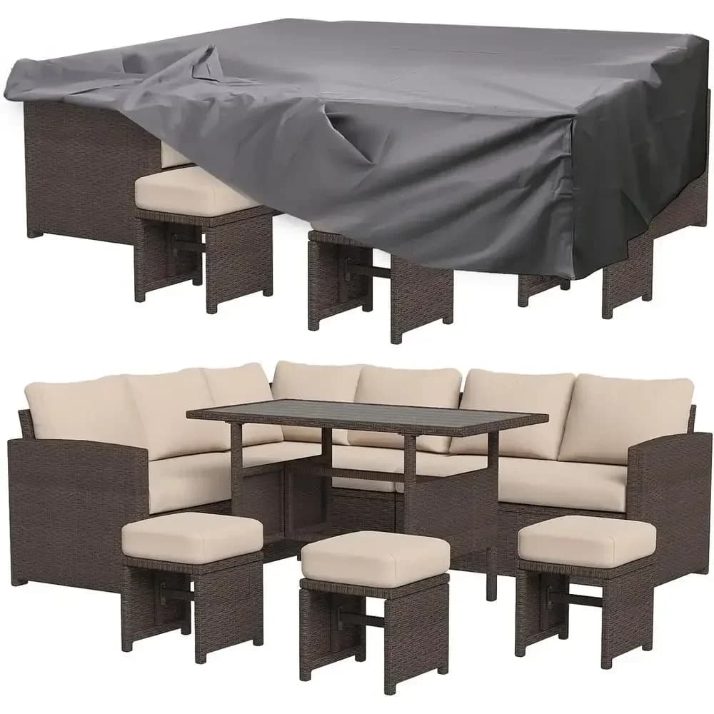 7-Piece Patio Furniture Set with Waterproof Cover, Outdoor Sectional Sofa, All-Weather Wicker Rattan Dining Set with Ottoman, Br