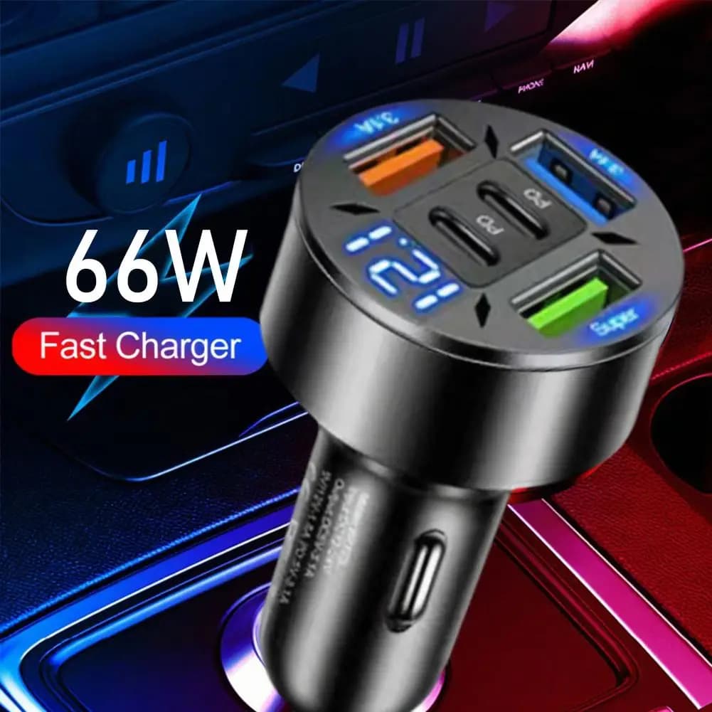 Caricabatteria da auto con display digitale da 66 W con 4 porte USB, adattatore di ricarica rapida PD con luce Halo per la ricarica multidispositivo
