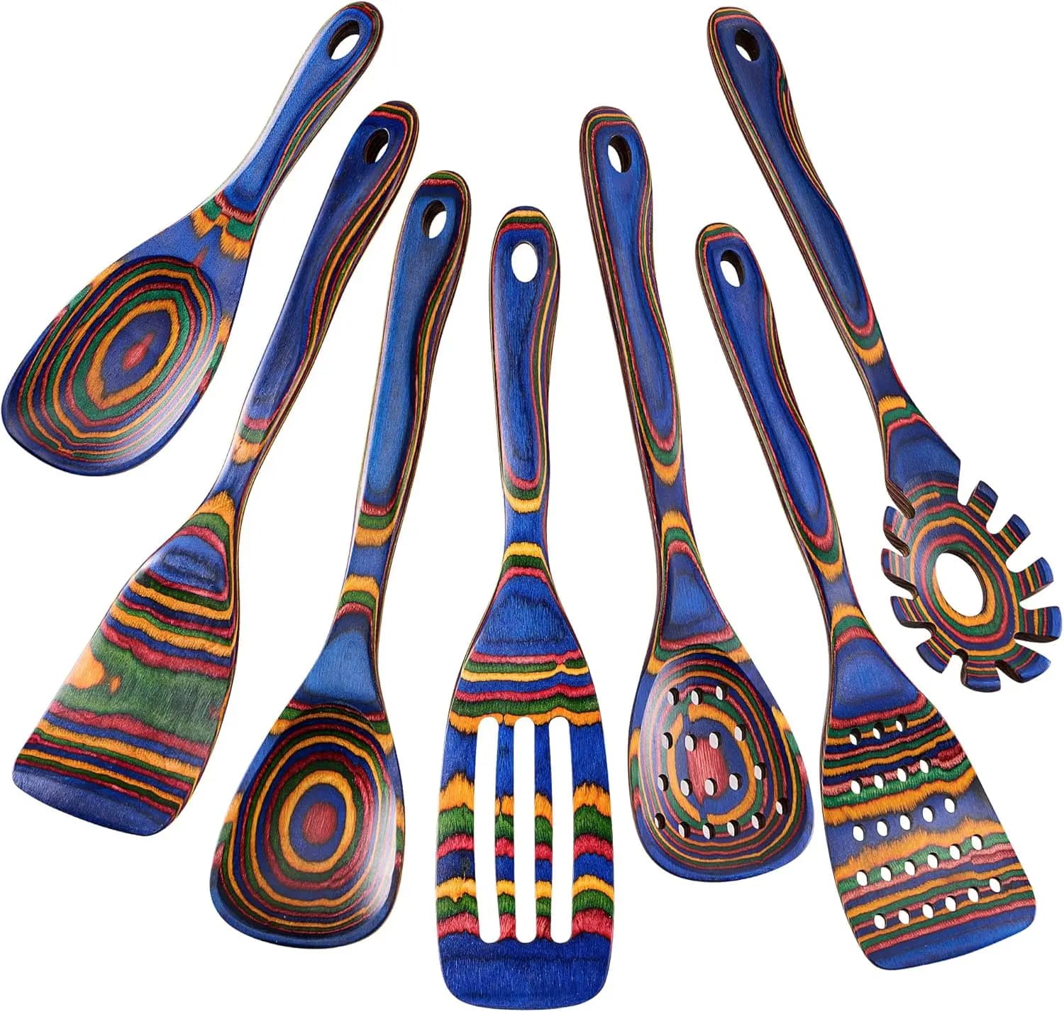 Set di Utensili da Cucina in Legno Resistente al Calore - 7 Pezzi di Strumenti Ecologici con Spatola, Cucchiaio per Pasta e Cucchiaio Forato