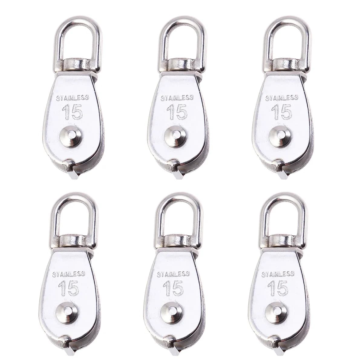 Set di 6 Pulegge in Acciaio Inox di Grado Marino per Reti da Pesca, Argento, Blocco di Sollevamento per Corda in Polietilene, Attrezzo per Ancoraggio Kayak per Linea da 6mm