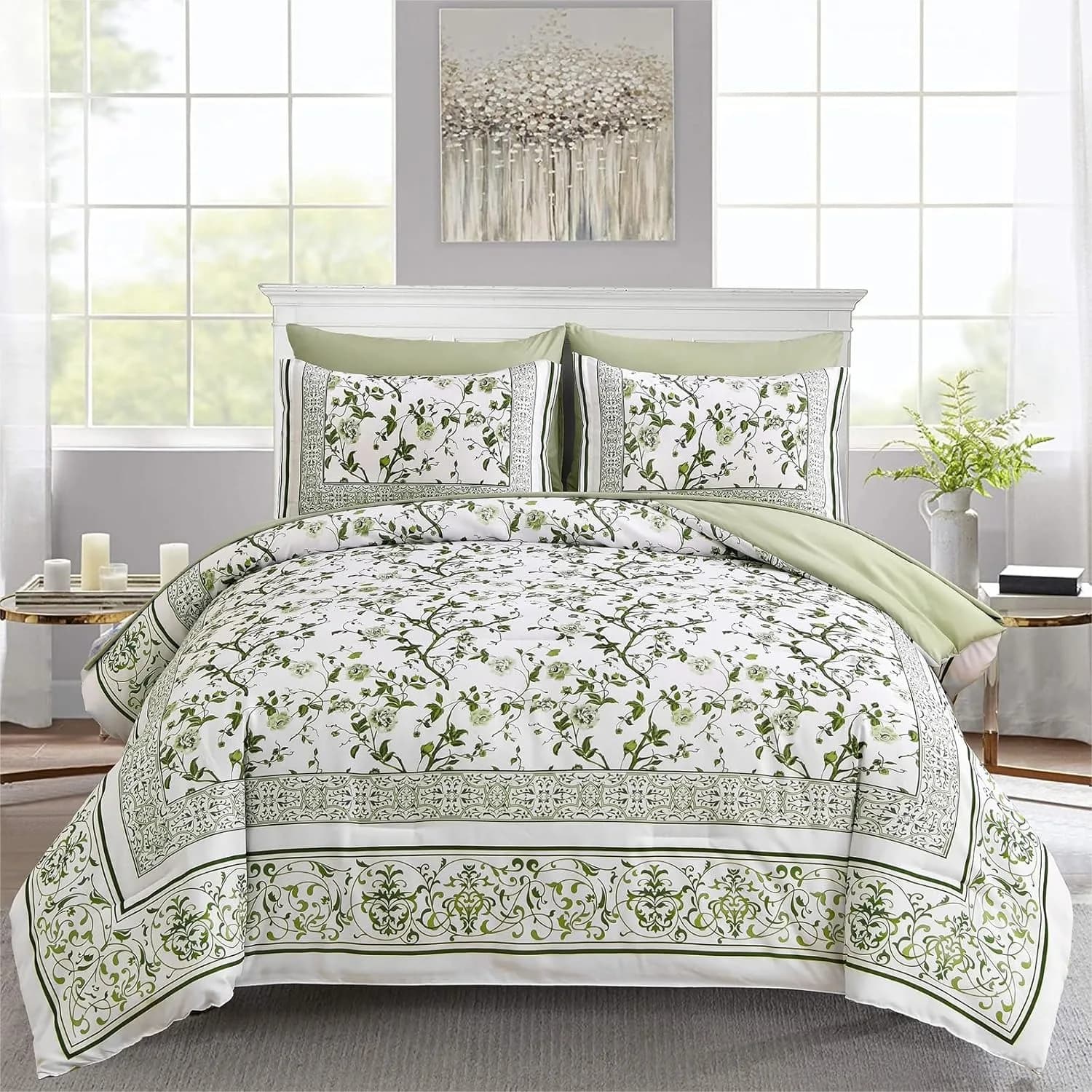 Set Copripiumino Queen 7 Pezzi, Biancheria da Letto Floreale Verde Salvia con Lenzuola per Tutte le Stagioni