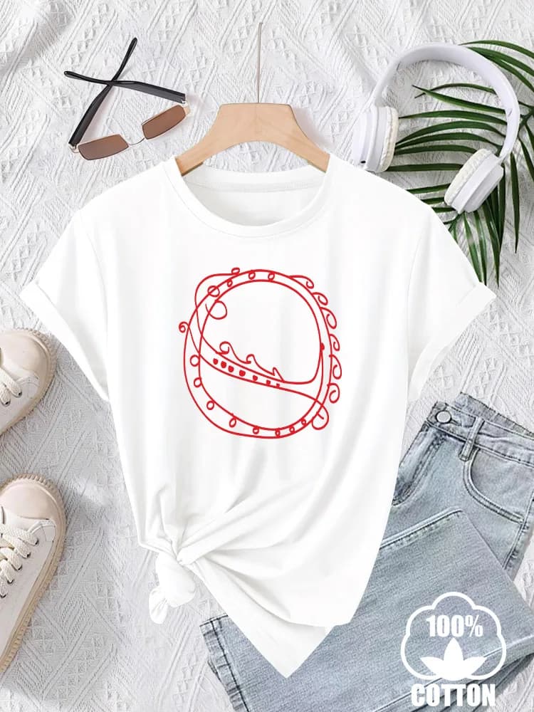 T-shirt grafica da donna con cornice rotonda, 100% cotone, girocollo, manica corta, casual, per l'uso quotidiano estivo