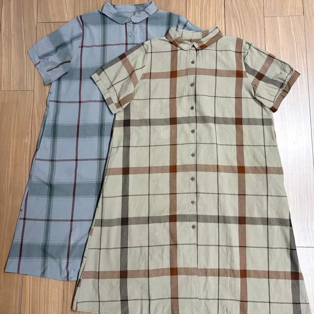 Summer New Style Pure Cotton Short Sleeve Dress Women's Gingham Plaid Doll Collar Thin Medium Length Shirt Dress Casual Wear